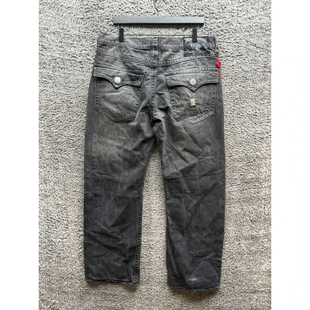 True Religion Ricky Relaxed Straight Distressed Denim Jeans Black Mens Size 38